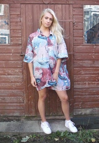 VINTAGE CRAZY PATTERNED SHIRT DRESS OVERSIZED 10 12 14 80S