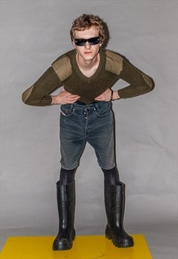 90's Vintage slim fit warm ribbed jumper in army green