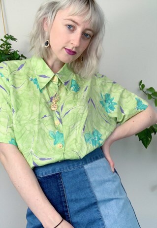 VINTAGE LIME GREEN & PURPLE OVERSIZED FLORAL BLOUSE