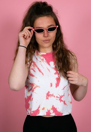 VINTAGE WHITE & RED TIE DYE CROPPED TSHIRT TOP
