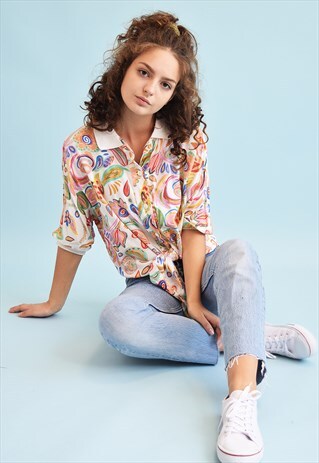 80'S RETRO ABSTRACT PRINT TIE UP BLOUSE TOP