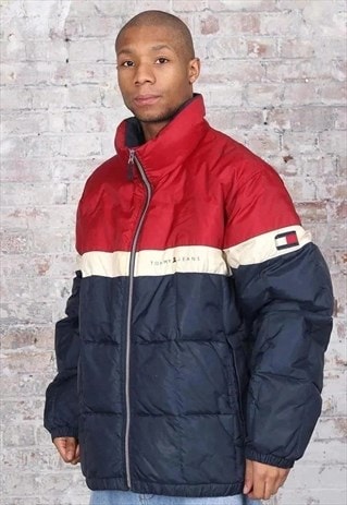 tommy hilfiger puffer jacket red white and blue