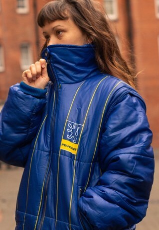 VINTAGE PEUGEOT PUFFER JACKET IN A WAVEY BLUE AND YELLOW