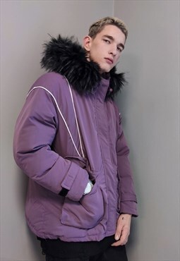 Cargo puffer thick bomber contrast puffa jacket in purple