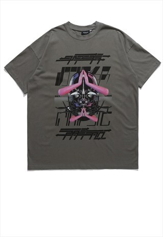 MASK PRINT T-SHIRT GRUNGE CYBER PUNK TEE RAVER TOP IN GREY