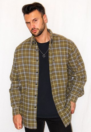VINTAGE KHAKI GREEN PLAID FLANNEL SHIRT