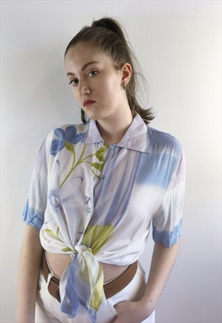 WOMENS VINTAGE 80S BLOUSE BLUE FLORAL OVERSIZED SHIRT TOP