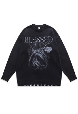Angel print sweater creepy knit distressed goth jumper black