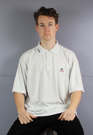 VINTAGE ADIDAS EQUIPMENT POLO SHIRT IN GREY WITH EMBROIDERED