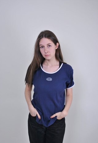 80S STRIPED SLEEVE TSHIRT, VINTAGE BLUE SPORT TEE