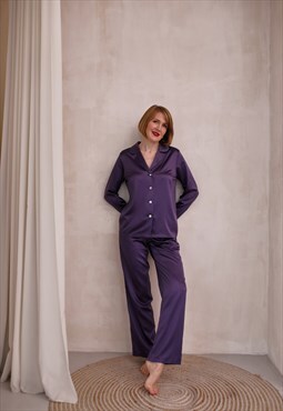 Purple satin pajama set Pants and shirts lounge set Sleepwea