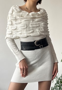 Vintage Y2K 00's White Off Shoulder Collared Knit Mini Dress