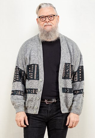 VINTAGE 90'S MEN AZTEC PATTERN CARDIGAN IN GREY