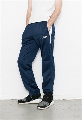 VINTAGE ASICS PANTS. NAVY BLUE ATHLETIC ELASTIC WAIST