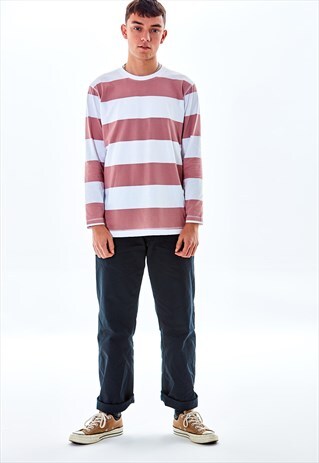 LONG SLEEVE STRIPED T SHIRT IN DULLED PINK AND WHITE