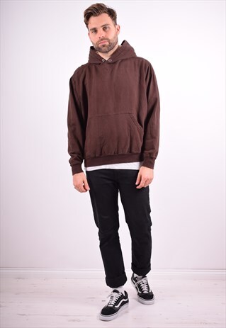 MENS VINTAGE HOODIE JUMPER LARGE BROWN 90'S