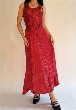 00s Pink Embroidered Sleeveles Flowy Midi Maxi Dress