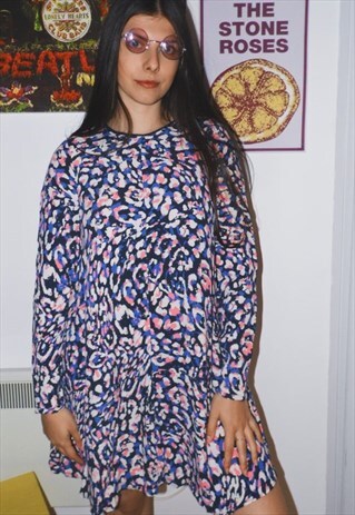 DRESS LONG SLEEVED MESH BACK ZIP PINK BLUE WHITE ANIMAL PRIN