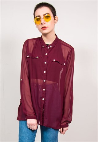 VINTAGE 90'S MAROON SHEER OVERSIZED LONG SLEEVE SHIRT