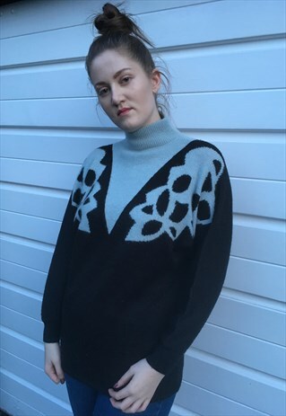 WOMENS VINTAGE 80S JUMPER BLUE BLACK FLORAL TURTLE NECK TOP