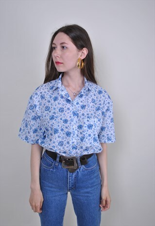 90S CUTE FLOWERS PRINT BLOUSE, SUMMER FLORAL WOMEN SHIRT