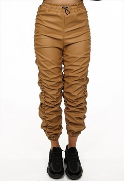 Ruched Side PU Joggers In Camel
