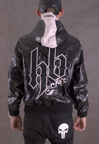 HOODBOYZ GOTHIC APPLIQUE MENS FAUX LEATHER HIP HOP JACKET