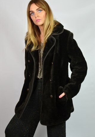 VINTAGE 70S BLACK FAUX FUR TEDDY COAT
