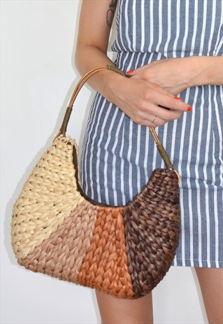 VINTAGE 90S BROWN WICKER STRAW BASKET BAG