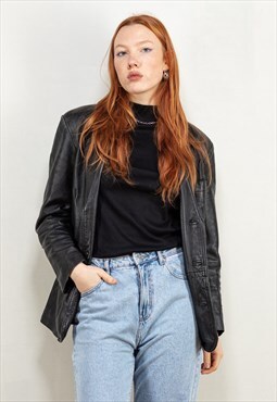 Vintage 90's Women Distressed Leather Jacket in Black