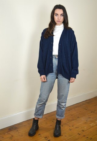 90S VINTAGE NAVY PATTERNED BUTTON UP CARDIGAN