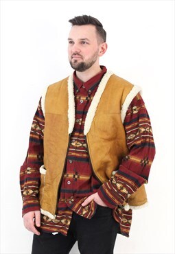Sherpa Vintage L Leather Vest Gilet Tank Zip Afghan Jacket