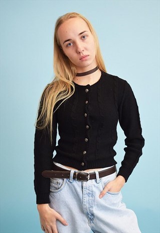 70'S RETRO KNITTED MOD STYLE BLACK CARDIGAN TOP