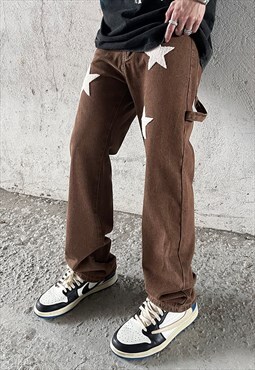 Brown Embroidered Stars Denim Pants Jeans Trousers Y2k