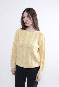 Retro striped sweater, yellow pullover knit jumper MEDIUM 