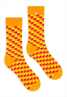 Funny Mens colorful socks with yellow orange red checkered