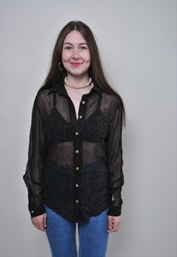 Mesh black blouse, 90s transparent floral shirt, vintage 