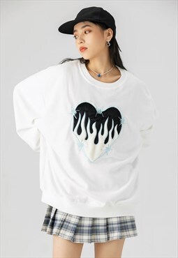 Heart patch sweatshirt flame applique jumper in white