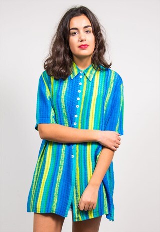 90'S VINTAGE BLUE STRIPE OVERSIZE SHIRT BLOUSE