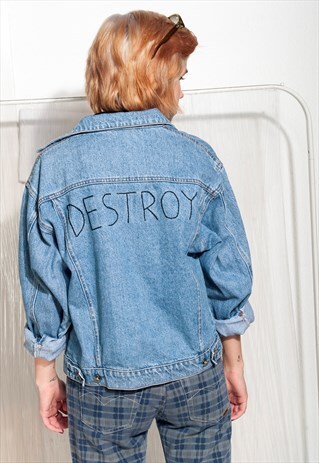 VINTAGE DENIM JACKET 90S REWORKED DESTROY EMBROIDERY JACKET