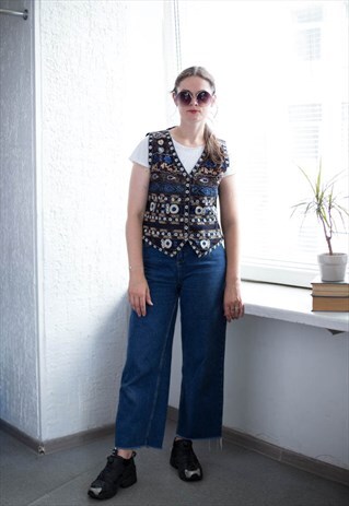 VINTAGE 70'S BLACK COTTON EMBROIDERED FRONT BOHEMIAN VEST