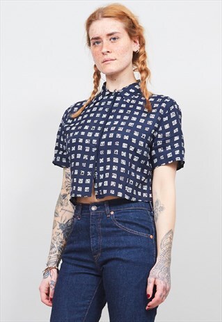 VINTAGE 90'S DESIGNER NAVY PRINT CROPPED SHIRT