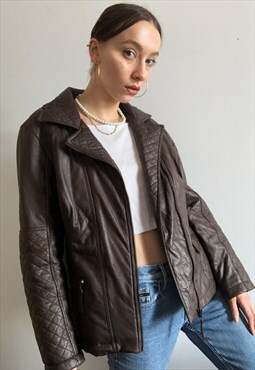 Vintage faux leather brown quilted biker jacket
