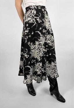 70's Vintage Black White Floral Ladies Midi A line Skirt S