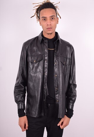 VERA PELLE MENS VINTAGE LEATHER SHIRT LARGE BLACK 90'S