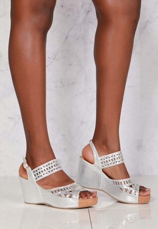 ANKLE STRAP DIAMANTE WEDGE IN SILVER