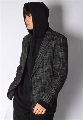 VINTAGE 70S GREY BLACK CHECK WOOL BLEND BLAZER