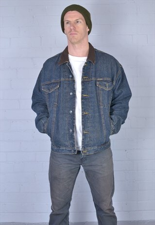 VINTAGE DARK BLUE CHECKED LINING CUSTOMISED DENIM JACKET