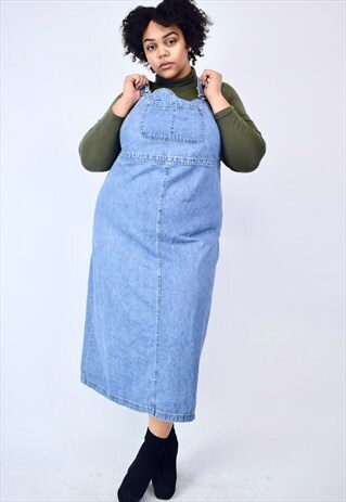 VINTAGE 90'S LONG DENIM PINAFORE DRESS WITH LARGE POCKET