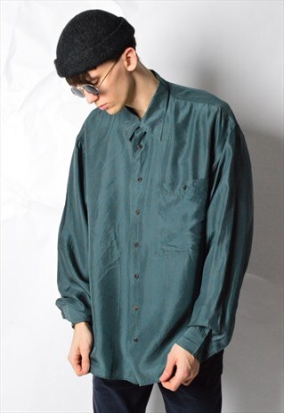 VINTAGE 90S DARK GREEN SILK LONG SLEEVE SHIRT